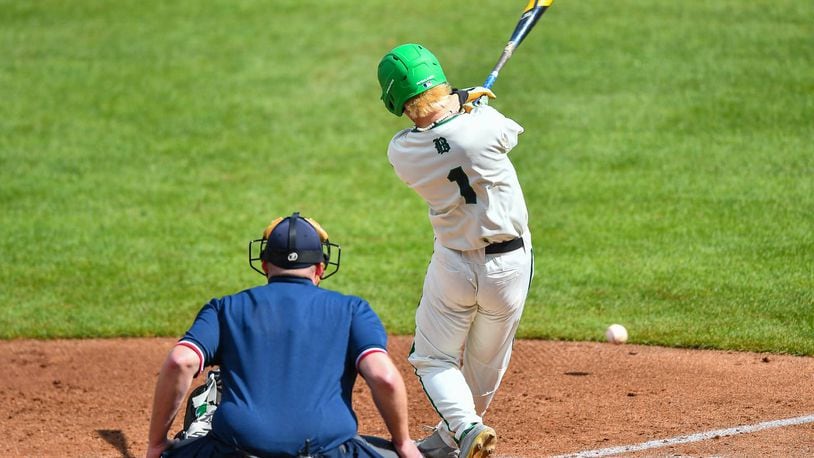 Badin's Chase Luebbe connects on a hit against West Branch in the Division II state final on Sunday at Akron's Canal Park. Kyle Hendrix/CONTRIBUTED