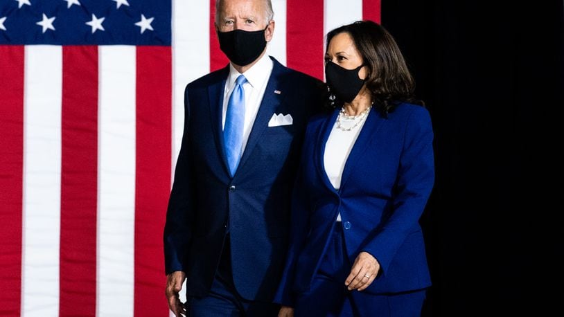 FILE - Democratic presidential nominee Joe Biden and his running mate, Sen. Kamala Harris (D-Calif.) at their first even together in Wilmington, Del., Aug. 12, 2020. Harris, the daughter of an Indian mother and Jamaican father, has risen higher in the country’s leadership than any woman ever before her. (Erin Schaff/The New York Times)