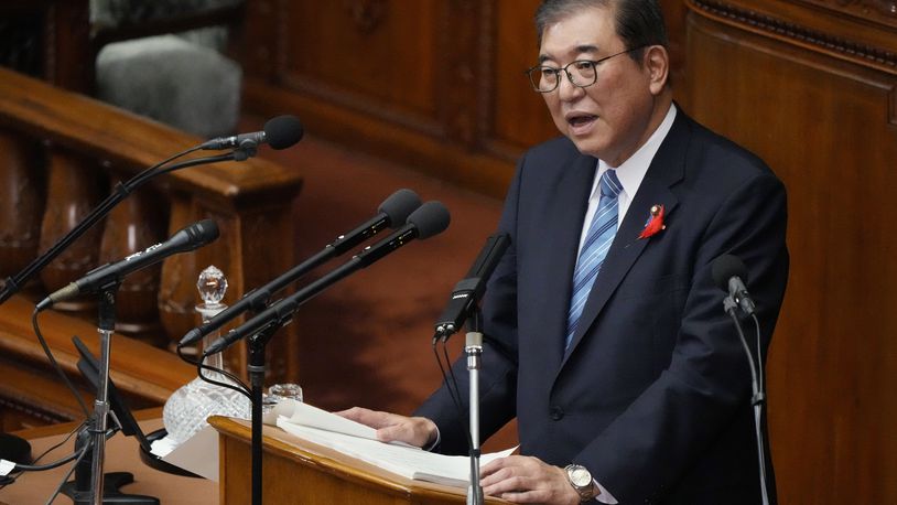 Japanese Prime Minister Shigeru Ishiba delivers his first policy speech during a Diet session at the Lower House of the Parliament Friday, Oct. 4, 2024, in Tokyo. (AP Photo/Eugene Hoshiko)