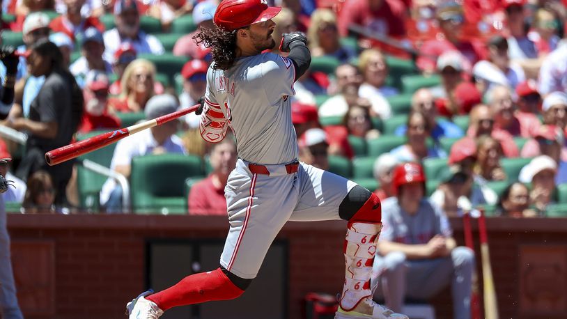 Cincinnati Reds' Jonathan India hits a double during the third inning of a baseball game against the St. Louis Cardinals, Sunday, June 30, 2024, in St. Louis. (AP Photo/Scott Kane)