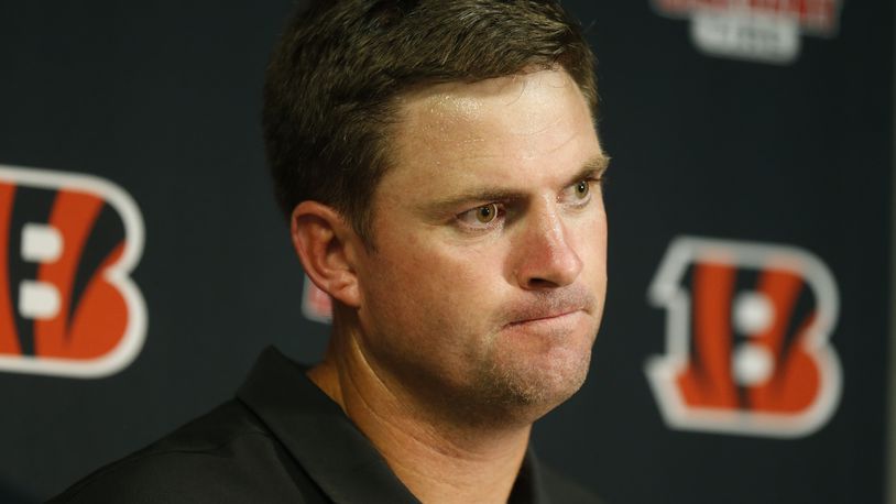 Cincinnati Bengals head coach Zac Taylor speaks during a news conference after an NFL football game against the Buffalo Bills Sunday, Sept. 22, 2019, in Orchard Park, N.Y. The Bills won 21-17. (AP Photo/John Munson)