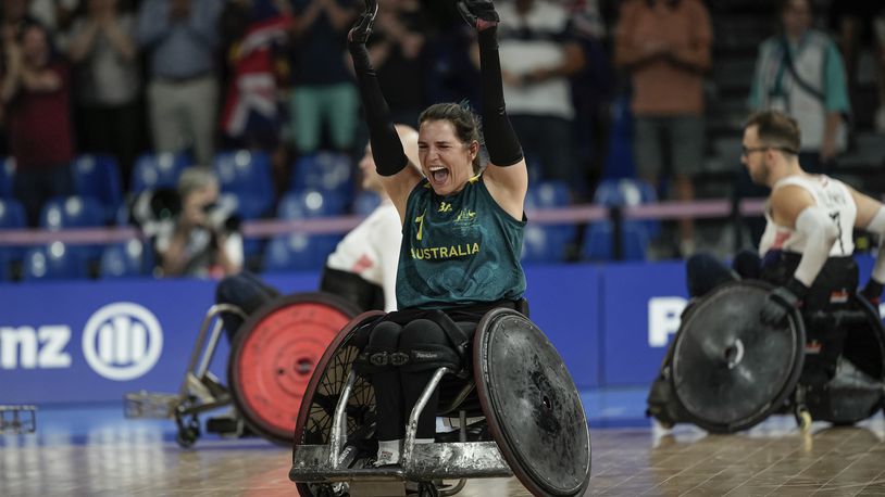 Australia's Ella Sabljak celebrates after winning the wheelchair rugby bronze medal match between Australia and Great Britain at the 2024 Paralympics, Monday, Sept. 2, 2024, in Paris, France. (AP Photo/Aurelien Morissard)