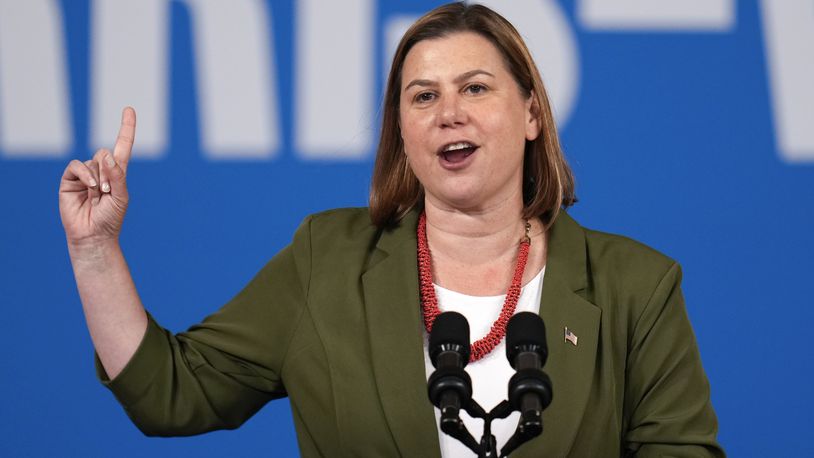 FILE - Rep. Elissa Slotkin, D-Mich., speaks before Democratic presidential nominee Vice President Kamala Harris during a campaign event at Northwestern High School in Detroit, Sept. 2, 2024. (AP Photo/Paul Sancya, File)