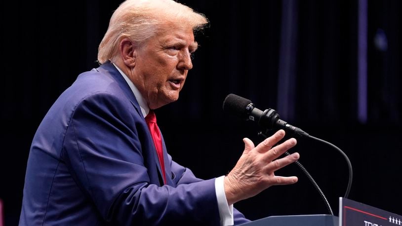 Republican presidential nominee former President Donald Trump speaks about the tax code and manufacturing at the Johnny Mercer Theatre Civic Center, Tuesday, Sept. 24, 2024, in Savannah, Ga. (AP Photo/Evan Vucci)