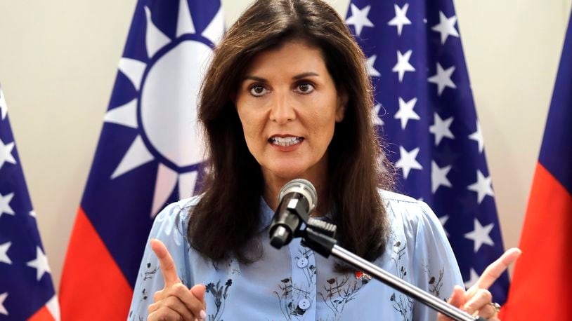 FILE - Nikki Haley, former United States Ambassador to the United Nations, speaks to media during her press conference before leaving Taipei, Taiwan, Saturday, Aug. 24, 2024. (AP Photo/Chiang Ying-ying, File)