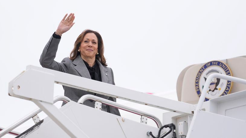 Democratic presidential nominee Vice President Kamala Harris departs from Andrews Air Force Base, Md., Sunday, Sept. 22, 2024, enroute to New York. (AP Photo/Matt Rourke)