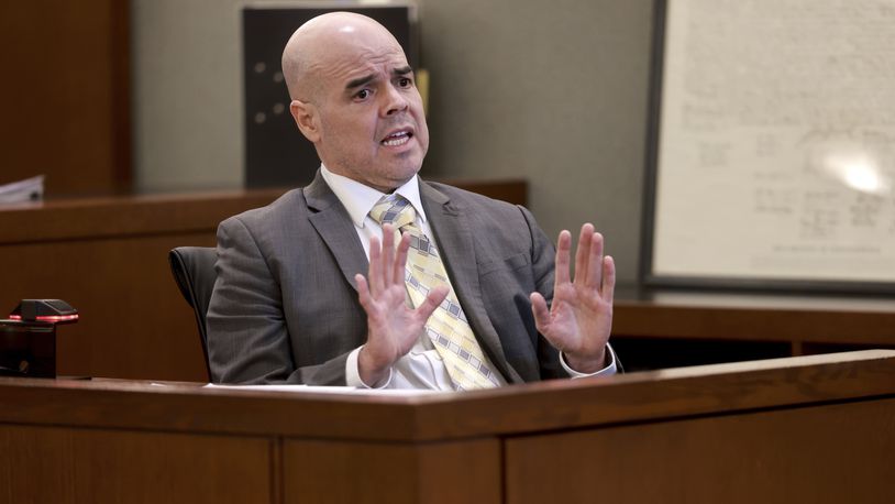 Robert Telles speaks to the jury from the witness stand on the eighth day of his murder trial at the Regional Justice Center in Las Vegas Wednesday, August 21, 2024. Telles, a former Clark County public administrator, is charged in the murder of Las Vegas Review-Journal investigative journalist Jeff German. (K.M. Cannon/Las Vegas Review-Journal via AP)