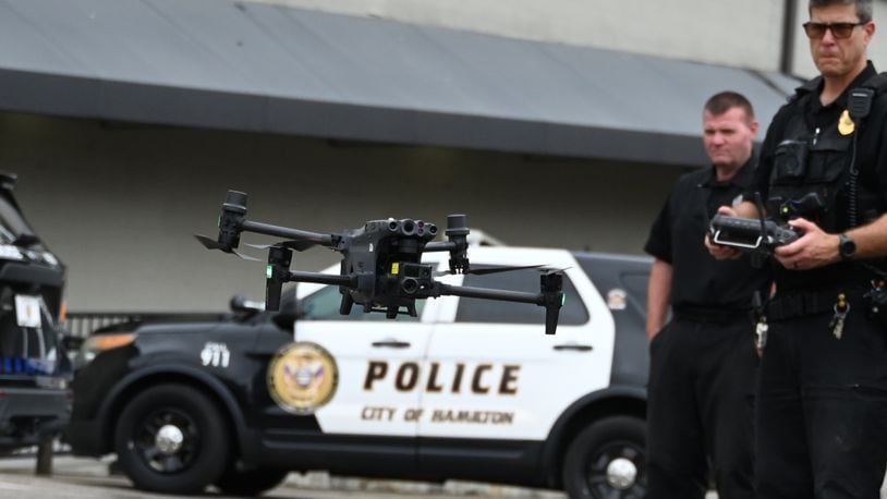 Hamilton Police Sgt. Matt Fishwick operates on Tuesday, Sept. 24, 2024, the HPD's patrol drone, which is used, among other things, for searches of missing people, searching for suspects, and observing traffic patterns. The department has had a drone for SWAT operations for several years, and was one of the last departments in Butler County to acquire a drone for patrol purposes. MICHAEL D. PITMAN/STAFF