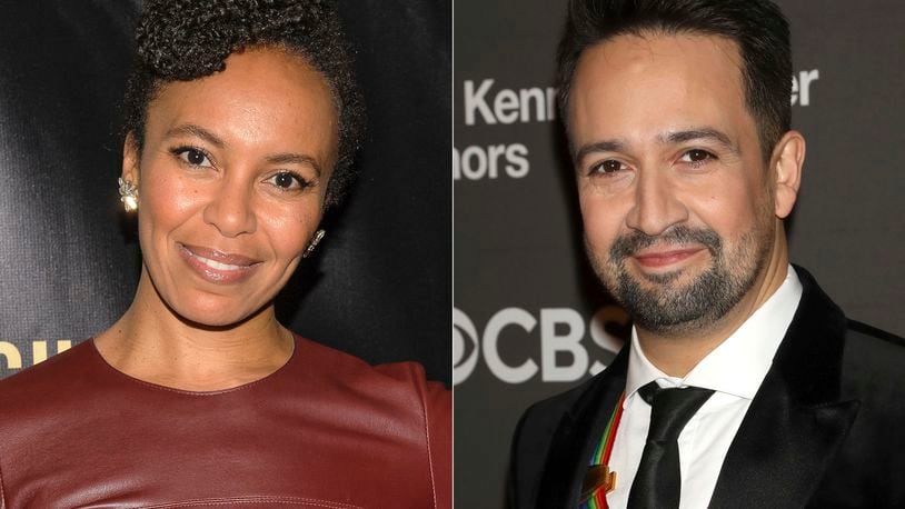 Eisa Davis appears at The 2016 Lucille Lortel Awards for Outstanding Achievement Off-Broadway on May 1, 2016, in New York, left, and Lin-Manuel Miranda appears at the Kennedy Center Honors in Washington on Dec. 3, 2023. (AP Photo)