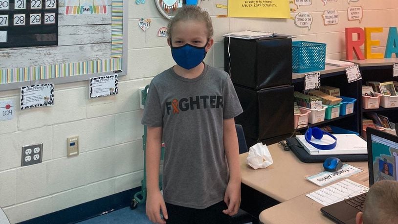 Keegan Atkins, a third-grader at Dennis Elementary School who has battling Acute Lymphoblastic Leukemia (ALL), recently received a message of support from NASCAR driver Joey Logano. CONTRIBUTED/SPRINGBORO SCHOOLS