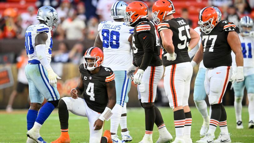 Cleveland Browns' Deshaun Watson (4) recovers after throwing an incomplete pass in the second half of an NFL football game against the Dallas Cowboys in Cleveland, Sunday, Sept. 8, 2024. (AP Photo/David Richard)