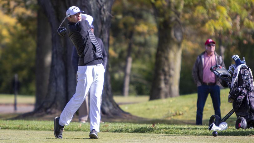 Fenwick senior Colin Schadek hits a tee shot during Saturday's Division II state tournament at the Ohio State Scarlet Course in Columbus. CONTRIBUTED/Jeff Gilbert