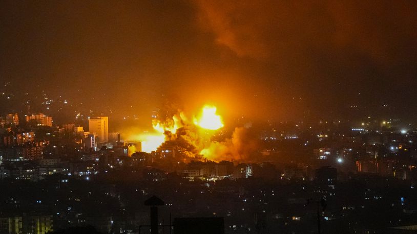 Smoke rises from Israeli airstrikes in Beirut's southern suburbs, Lebanon, Saturday, Sept. 28, 2024. (AP Photo/Hassan Ammar)