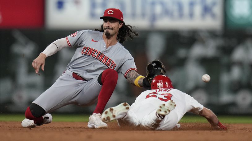 St. Louis Cardinals' Michael Siani, right, is safe at second for a stolen base as the throw gets past Cincinnati Reds second baseman Jonathan India during the eighth inning of a baseball game Wednesday, Sept. 11, 2024, in St. Louis. (AP Photo/Jeff Roberson)