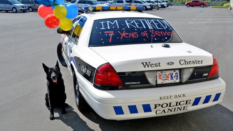 Canine Blek celebrates retirement in style at the West Chester Police Department.