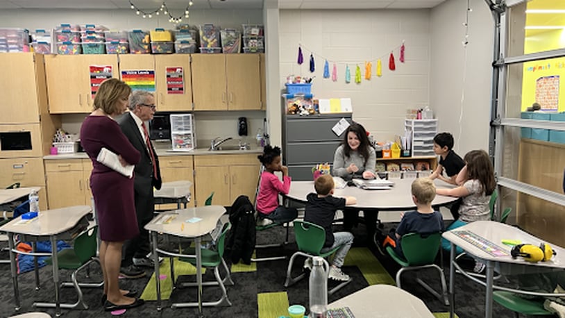 Governor Mike DeWine and his wife, Fran DeWine, observe a literacy intervention led by Amanda Wilson. Literacy interventions at Northridge utilize evidence-based strategies and programs. CONTRIBUTED