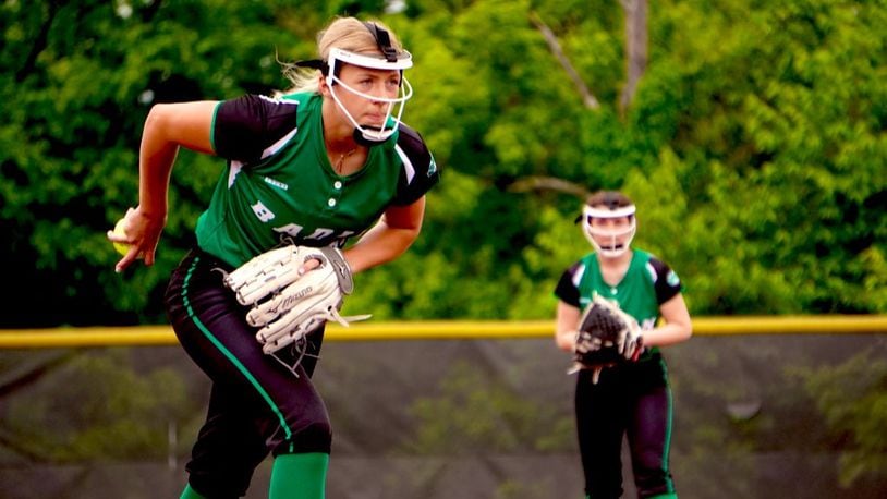 Badin senior Halle Klaiber prepares to send a pitch to the plate against New Richmond on Tuesday night. Chris Vogt/CONTRIBUTED