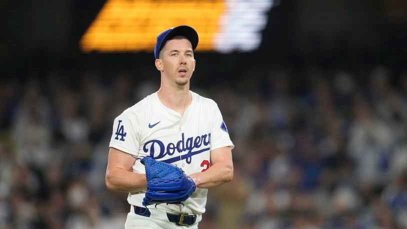 FILE - Los Angeles Dodgers starting pitcher Walker Buehler looks on during the fifth inning of a baseball game against the San Diego Padres Thursday, Sept. 26, 2024, in Los Angeles. (AP Photo/Ashley Landis, File)