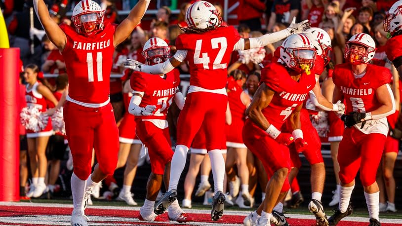 Fairfield celebrates a touchdown during their game. Wayne defeated Fairfield 31-13 on opening night of high school football Friday, Aug. 23, 2024 at Fairfield Alumni Stadium. NICK GRAHAM/STAFF