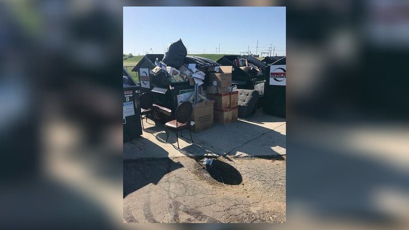 Residents in Fairfield Twp. have one less recycling option after people have created a nuisance in dumping non-recycling items, such as patio furniture, old mattresses and a taxidermy deer head, at the Shaffer’s Run Community Park in Fairfield Twp. Pictured is trash people left outside the recycling bins in July 2018. CONTRIBUTED