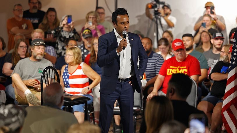 Former presidential candidate Vivek Ramaswamy speaks to a room full of supporters during a town hall meeting at the Bushnell Banquet Center in Springfield Thursday, Sept. 19, 2024. BILL LACKEY/STAFF