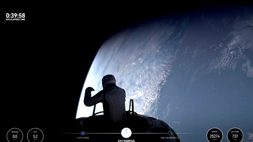 This image made from a SpaceX video shows the start of the first private spacewalk led by tech billionaire Jared Isaacman Thursday Sept. 12, 2024. (SpaceX via AP)