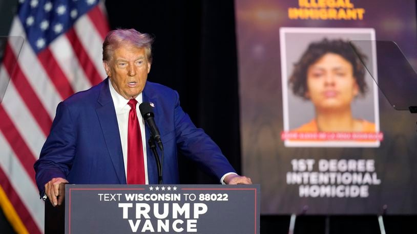 Republican presidential nominee former President Donald Trump speaks during a campaign event, Saturday, Sept. 28, 2024, in Prairie du Chien, Wis. (AP Photo/Charlie Neibergall)