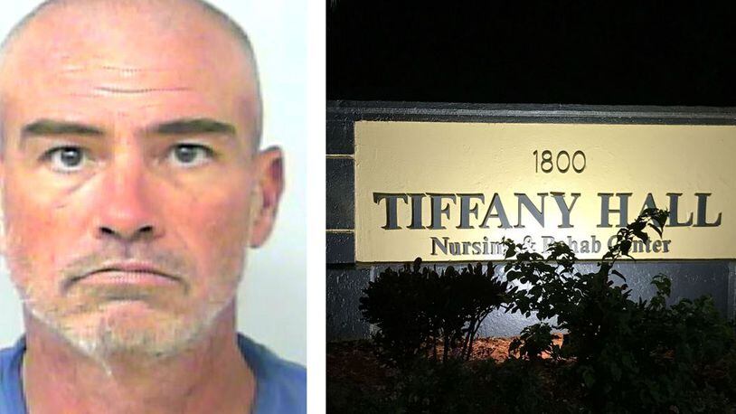 William Eugene Hawkins, 47, of Vero Beach, Fla., is charged with first-degree murder in the Jan. 5, 2020, death of Robert Morell. Hawkins is accused of strolling into Tiffany Hall Nursing and Rehab in Port St. Lucie, pictured at right, and smothering the 95-year-old in his bed. (Port St. Lucie Police Department)
