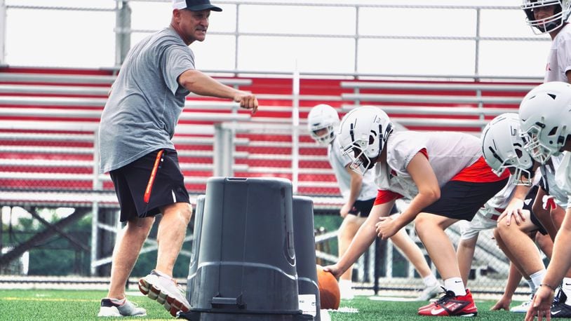 Fenwick coach Fred Cranford leads a drill during a practice in July 2024 at Fenwick High School. Photo by Chris Vogt