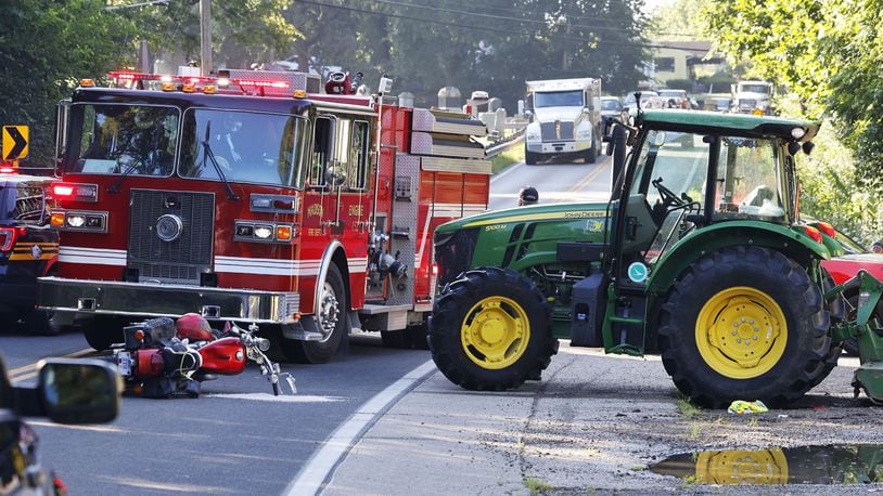 A crash involving a motorcycle and a tractor occurred at around 8:30 a.m. Tuesday, Aug. 8, 2023 on Ohio 122 near Hursh Road in Madison Twp. NICK GRAHAM/STAFF