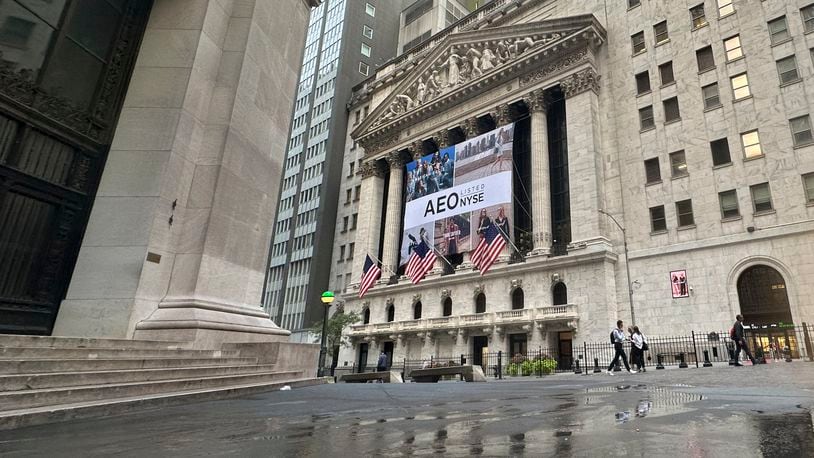 The New York Stock Exchange, with a banner for American Eagle Outfitters, is shown on Tuesday, Sept. 17, 2024, in New York. (AP Photo/Peter Morgan)