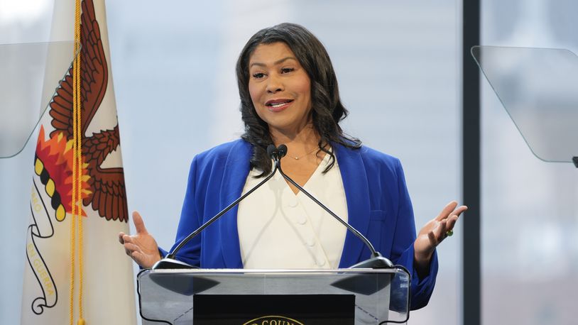 FILE - San Francisco Mayor London Breed delivers her State of the City address at the Pier 27 cruise terminal in San Francisco, Thursday, March 7, 2024. (AP Photo/Eric Risberg, File)