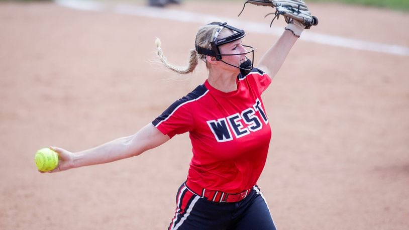 Lakota West’s Jenna Harris pitches during the Division I state softball championship game against Massillon Perry on June 2, 2018, at Firestone Stadium in Akron. Perry won 11-1. NICK GRAHAM/STAFF