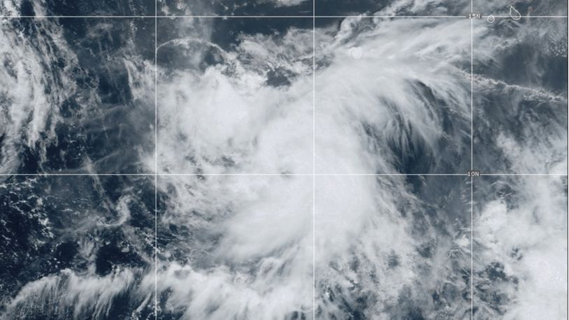 This Satellite image provided by NOAA shows Tropical Storm Leslie, Thursday, Oct. 3, 2024 in the Atlantic Ocean. (NOAA via AP)