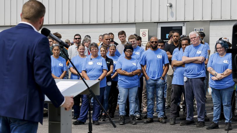 FILE PHOTO: Drew Guthridge, President and CEO of Bilstein of America, speaks as employees and leaders gathered at Hamilton’s thyssenkrupp BILSTEIN Wednesday, June 28, 2023 for a flag ceremony to celebrate receiving Ford Q1 Certification. Each year, Ford Motor Company awards roughly 100 of its more than 1,400 Tier 1 production suppliers with Q1 certification. This year, Hamilton’s thyssenkrupp BILSTEIN was among the recipients. Three BILSTEIN equipped Ford Broncos were the backdrop for the ceremony. NICK GRAHAM/STAFF