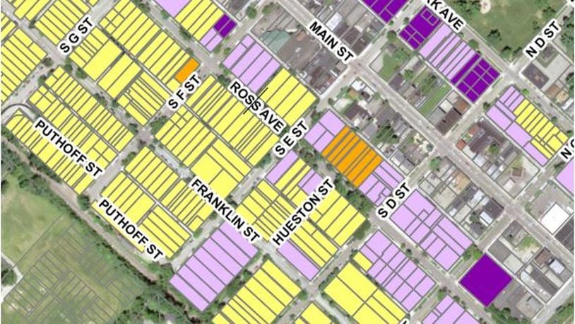 Here is a city map showing how the four new “Traditional Neighborhood” zoning designations, each in a different color, will be interspersed among each other in 643 parcels, making up about 58 acres in Hamilton’s Rossville and Prospect Hill neighborhoods. PROVIDED