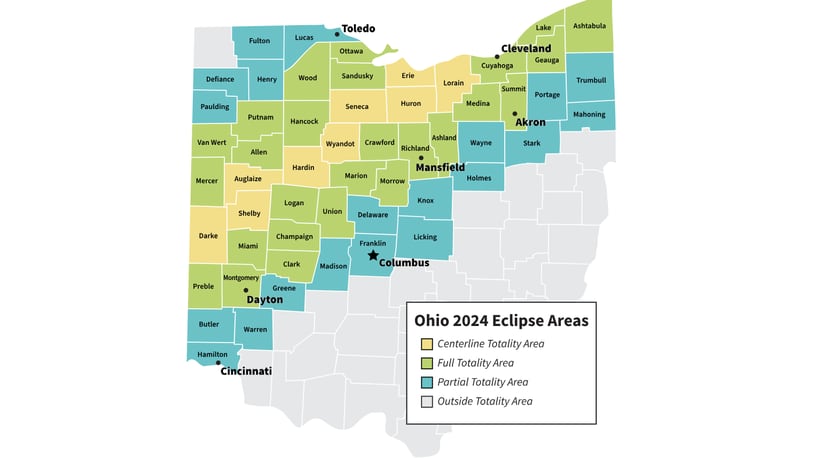 Ohio.org is offering a digital map to show the places where a total solar eclipse on April 8, 2024 will be visible in the state. The yellow portion is the path of totality, where folks will experience complete darkness. CREDIT: https://ohio.org/home/eclipse/eclipse