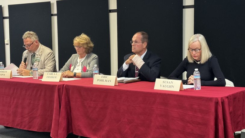 Hamilton City Council members seeking election to the board in November participated in a forum on Monday, Oct. 9, 2023. Pictured, from left are candidate Andrew Conn and incumbent council members Carla Fiehrer, Eric Pohlman, and Susan Vaughn. MICHAEL D. PITMAN/STAFF