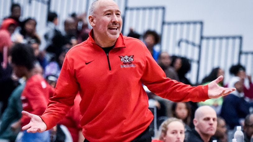 Lakota West coach Andy Fishman reacts during Wednesday night’s 61-50 road victory over Princeton in Sharonville. It was the 400th win of Fishman’s coaching career. NICK GRAHAM/STAFF