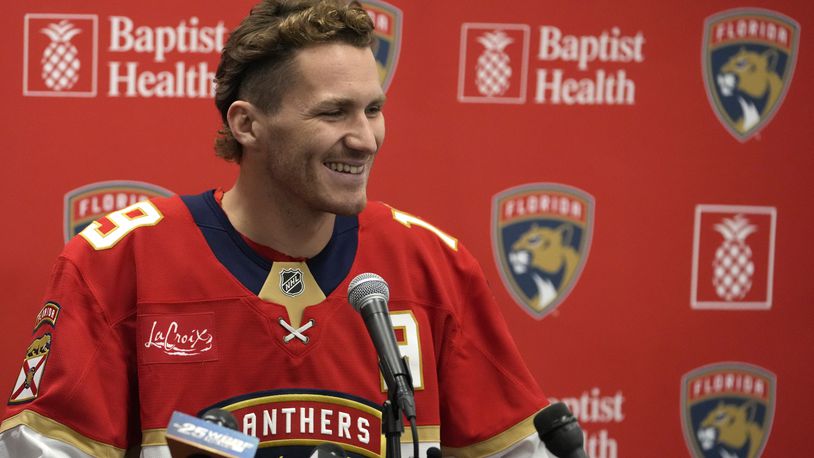 Florida Panthers forward Matthew Tkachuk speaks during NHL hockey media day, Wednesday, Sept. 18, 2024, in Fort Lauderdale, Fla. (AP Photo/Lynne Sladky)