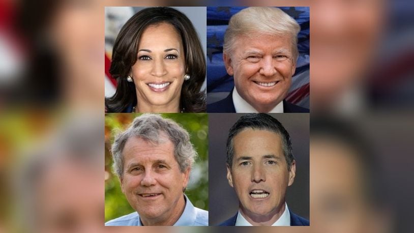 The candidates for president and U.S. Senate are (clockwise from top left); Vice President Kamala Harris, a Democrat, and former President Donald Trump, a Republican, are running for president and Westlake businessman Bernie Moreno, a Republican, and U.S. Sen. Sherrod Brown, D-Ohio, are running for U.S. Senate.