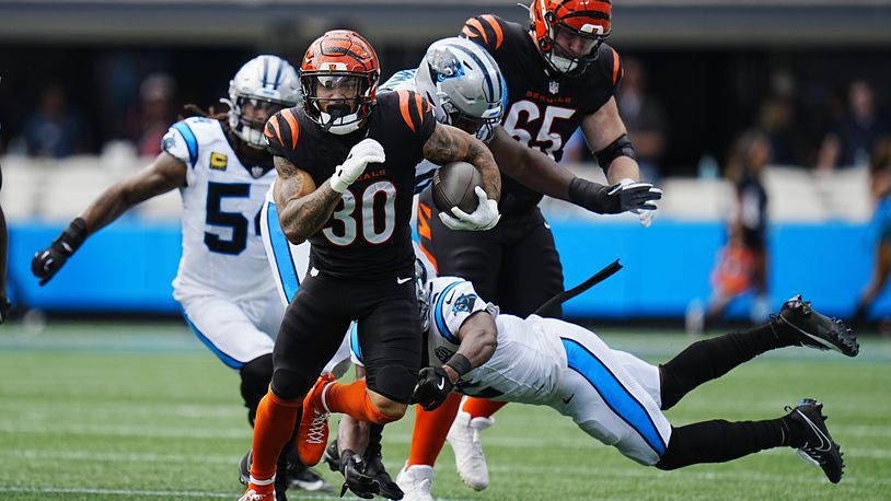 Cincinnati Bengals running back Chase Brown runs against the Carolina Panthers during the second half of an NFL football game, Sunday, Sept. 29, 2024, in Charlotte, N.C. (AP Photo/Rusty Jones)