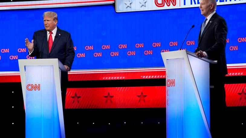 FILE - President Joe Biden, right, and Republican presidential candidate former President Donald Trump, left, during a presidential debate June 27, 2024, in Atlanta. (AP Photo/Gerald Herbert, File)