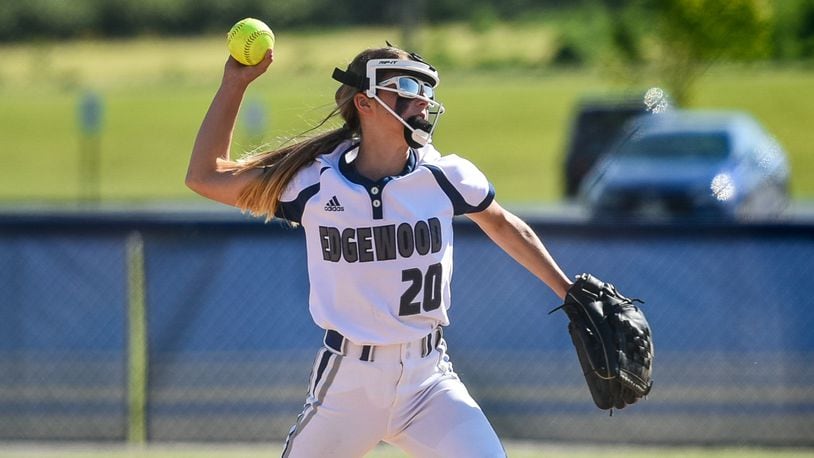 Edgewood’s Sarah Schiavone makes a throw to first base during a 10-0 win over Middletown in a Division I sectional softball game May 8, 2017, at Edgewood. NICK GRAHAM/STAFF