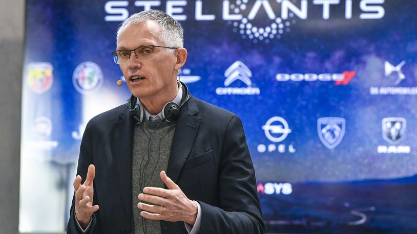 FILE - Stellantis CEO Carlos Tavares speaks during a news conference following a meeting with unions, March 31, 2022, in Turin, Italy. (Fabio Ferrari/LaPresse via AP, File)