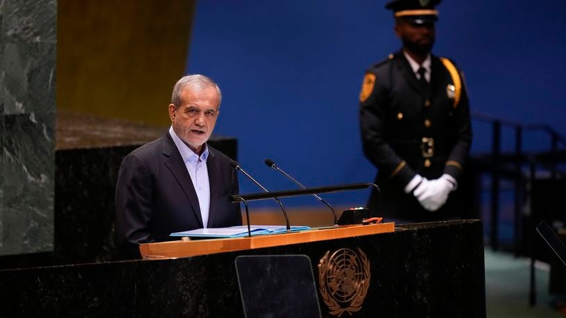 President of Iran Masoud Pezeshkian addresses the 79th session of the United Nations General Assembly at United Nations headquarters, Tuesday, Sept. 24, 2024. (AP Photo/Seth Wenig)