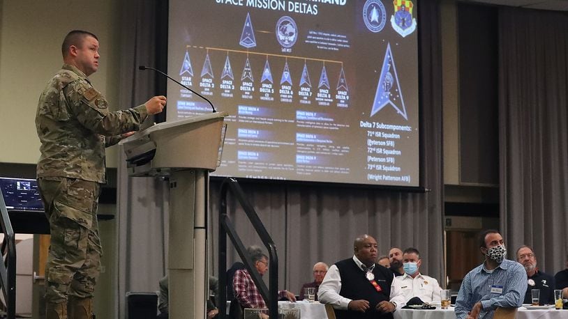 Lt. Col. John Kelch, ISR group commander for the 178th Fighter Wing, talks about Space Force at a 2021 Springfield Rotary Club meeting. BILL LACKEY/STAFF