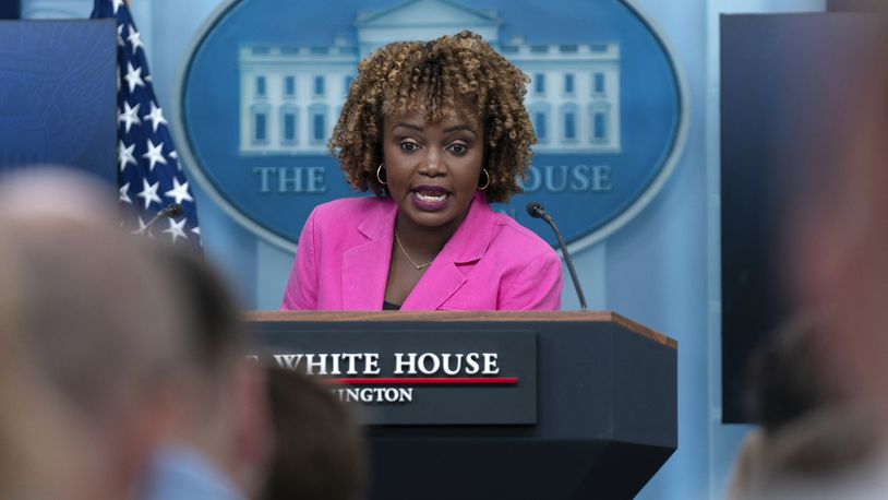 White House press secretary Karine Jean-Pierre speaks during the daily briefing at the White House in Washington, Thursday, Sept. 12, 2024. (AP Photo/Jose Luis Magana)