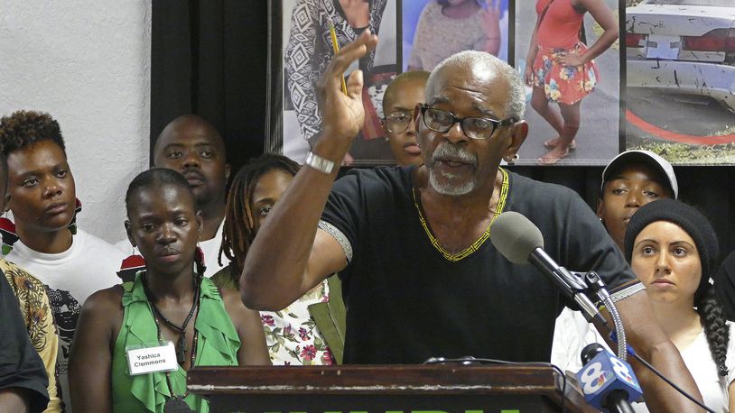 FILE - Omali Yeshitela, chairman of the International People's Democratic Uhuru Movement, St. Petersburg, addresses the recent killings of black males, and police on July 8, 2016, in Dallas. (Scott Keeler/The Tampa Bay Times via AP, File)