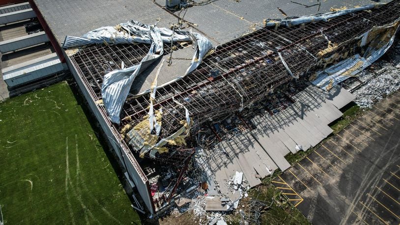 The Meijer Distribution Center at 4200 South County Road 25A in Tipp CIty, shown in this drone photo Monday, suffered extensive damage on the northwest corner of the building from a EF2 tornado June 8, 2022. JIM NOELKER/STAFF